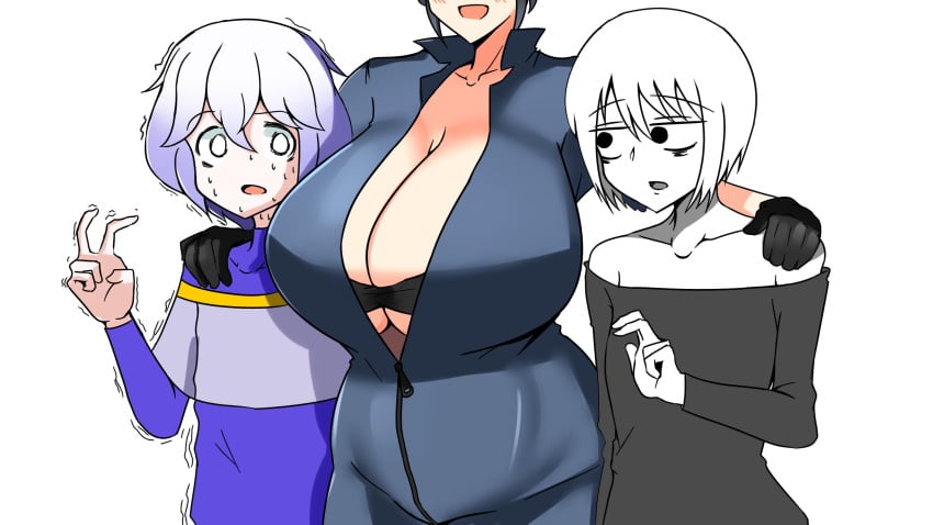 30th_video_rentals 3girls alternate_breast_size arms_wrapped_around_partner big_breasts blush breast_awe breasts breasts_bigger_than_head character_request cleavage color crossover female gloves gomi_hitomi height_difference highres holding huge_breasts indie_virtual_youtuber jumpsuit kataochi_chuuko kataoti_30 larger_female long_hair looking_at_viewer multiple_girls nakako_kataochi shocked simple_background size_difference smaller_female smile sweat taller_girl unzipped virtual_youtuber white_background