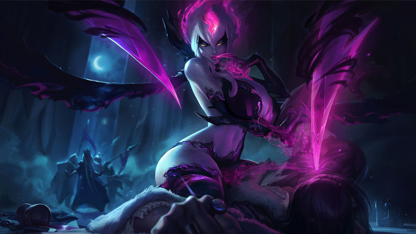 breast_expansion demon demon_girl evelynn finger_to_mouth huge_breasts league_of_legends official_artwork_edit revealing_clothes riot_games sitting_on_person smoke straddling succubus sutton184_edits thick_thighs third-party_edit white_hair wide_hips yellow_eyes