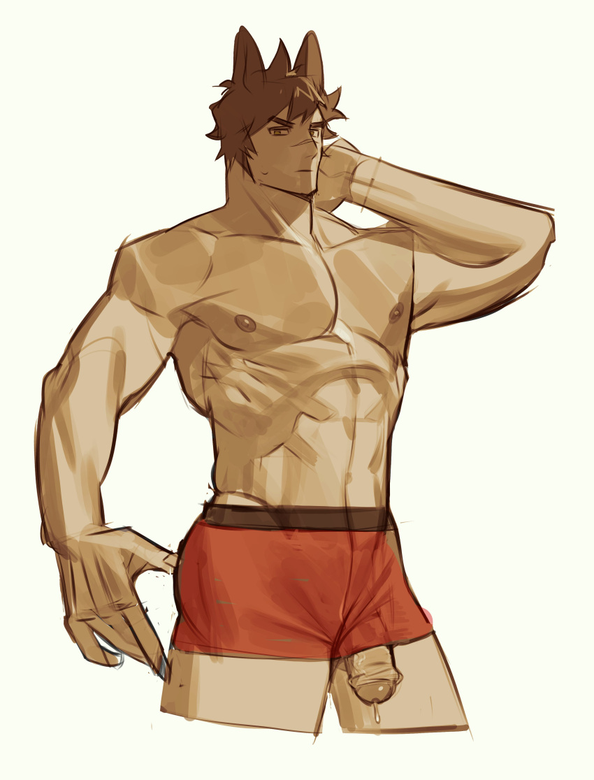 1boy absurdres bara boxers cropped_legs hand_on_own_neck highres large_pectorals league_of_legends male male_focus male_only male_underwear muscular muscular_male nipples pectorals penis penis_slip precum precum_drip red_hair red_male_underwear scar scar_on_face scar_on_nose sett short_hair smile solo standing thick_eyebrows topless_male uncensored underwear uza_(hellme) vastaya