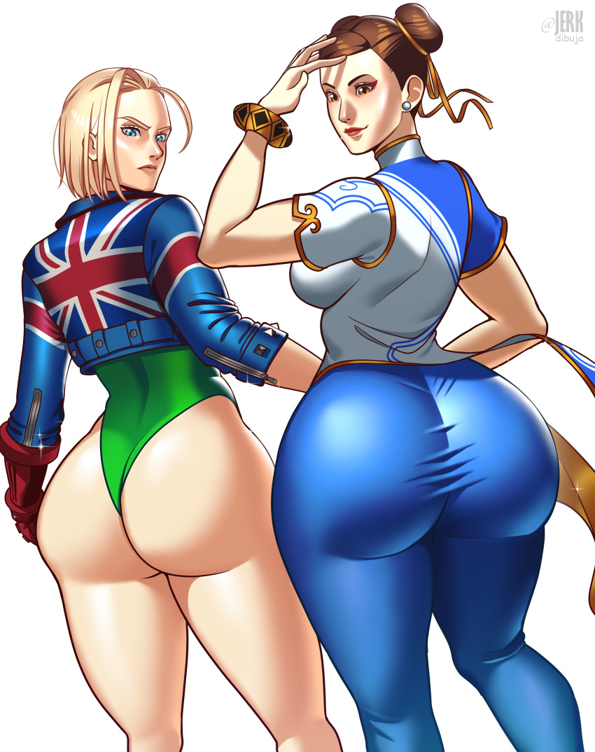 2girls alternate_version_available armwear ass ass_focus back back_view backboob big_ass blonde_hair blue_eyes blue_pants bottomwear bracelet breasts brown_hair bubble_ass bubble_butt cammy_white capcom chinese_clothes chun-li clothing dat_ass double_bun ear_piercing earrings female female_only green_leotard hair huge_ass jacket jerkdibuja large_ass leotard lips multiple_girls no_text no_text_version pants street_fighter street_fighter_6 thighs union_jack white_background