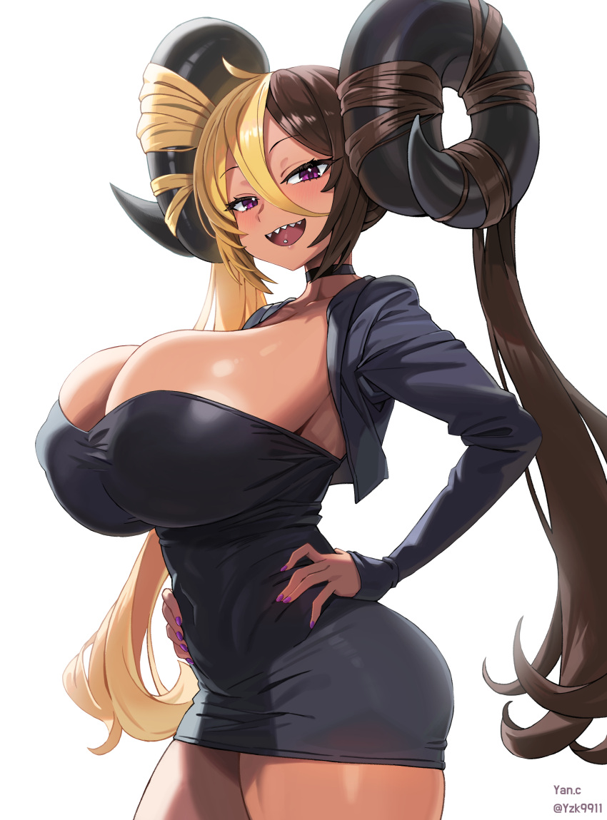 1girls aife_(zanamaoria) artist_request ass blonde_hair breasts brown_hair brown_skin dress female hi_res hips horns huge_breasts large_ass long_hair naughty_face original original_character png pointy_teeth succubus tan tan-skinned_female tanned_skin thick_thighs thighs twintails wide_hips