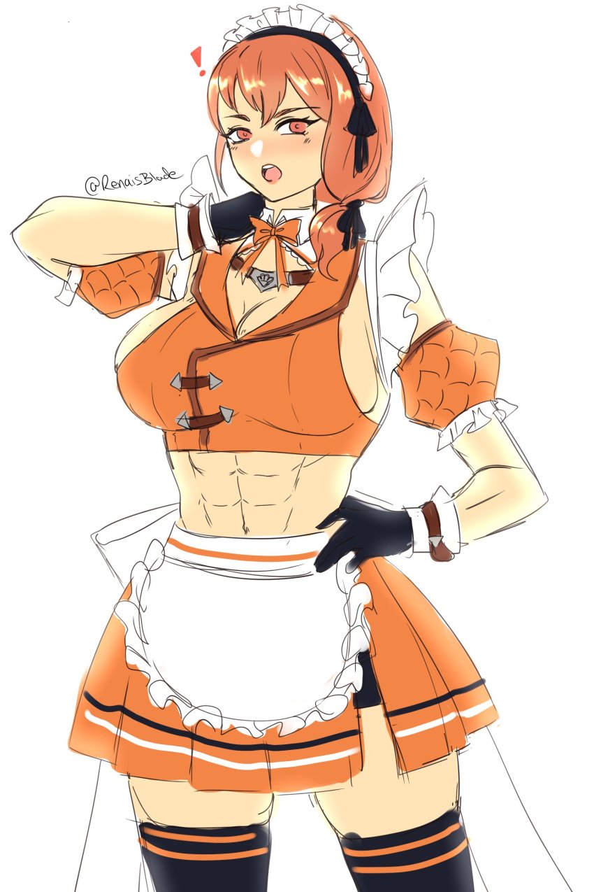 ! 1girls abs alternate_costume clothed female female_only fire_emblem fire_emblem:_three_houses large_breasts leonie_pinelli looking_at_viewer maid maid_uniform medium_hair muscular_female nintendo orange_eyes orange_hair renaisblade side_ponytail solo white_background