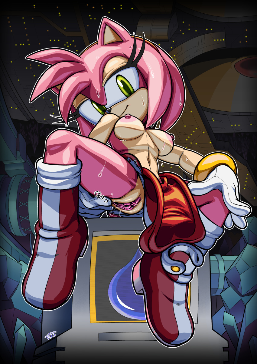 2018 amy_rose anthro areolae boots bracelet breasts clitoris clothing death_egg dress english_text erect_nipples erection female female_only footwear gloves green_eyes hair half-closed_eyes hedgehog highres hotred inviting is_(artist) japanese_text jewelry lava_reef_zone mammal medium_breasts monitor mostly_nude nipples panties panties_aside pink_fur pink_hair presenting presenting_pussy pussy pussy_juice seductive sega servedasis shield_monitor short_hair smile solo sonic_(series) spread_legs spreading sweat text underwear underwear_aside undressing url video_games