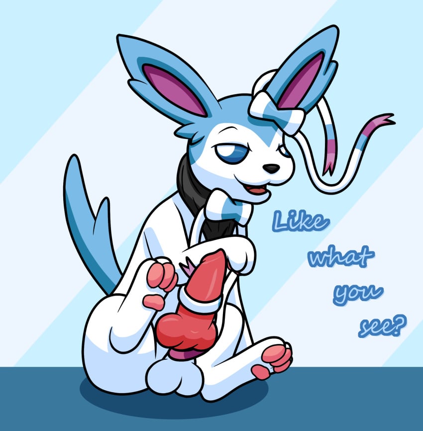 1boy alternate_color animal_genitalia animal_penis canine canine_penis eeveelution feet feral flat_chest gau_(artist) half-closed_eyes hi_res knot looking_at_viewer male male_only mammal masturbation nintendo original_character pawpads paws penile_masturbation penis pokémon_(species) pokemon pokemon_xy presenting ribbonjob ribbons shiny_pokemon solo sylveon testicles text thick_thighs video_games wide_hips