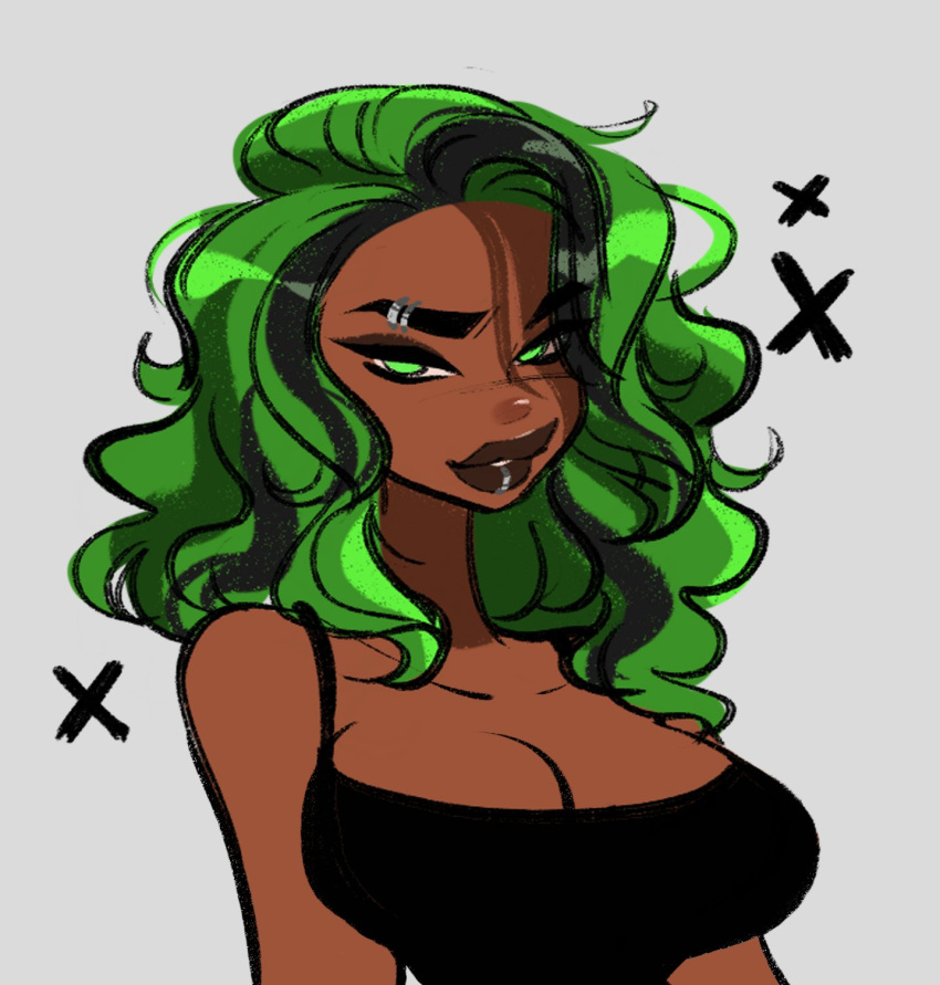 1girls big_ass boobs breasts bust dark-skinned_female dark_skin dyed_hair female female_focus green_eyes green_hair grey_background oc ohthesunnyside plump_lips solo_female thick_ass thick_thighs wide_hips