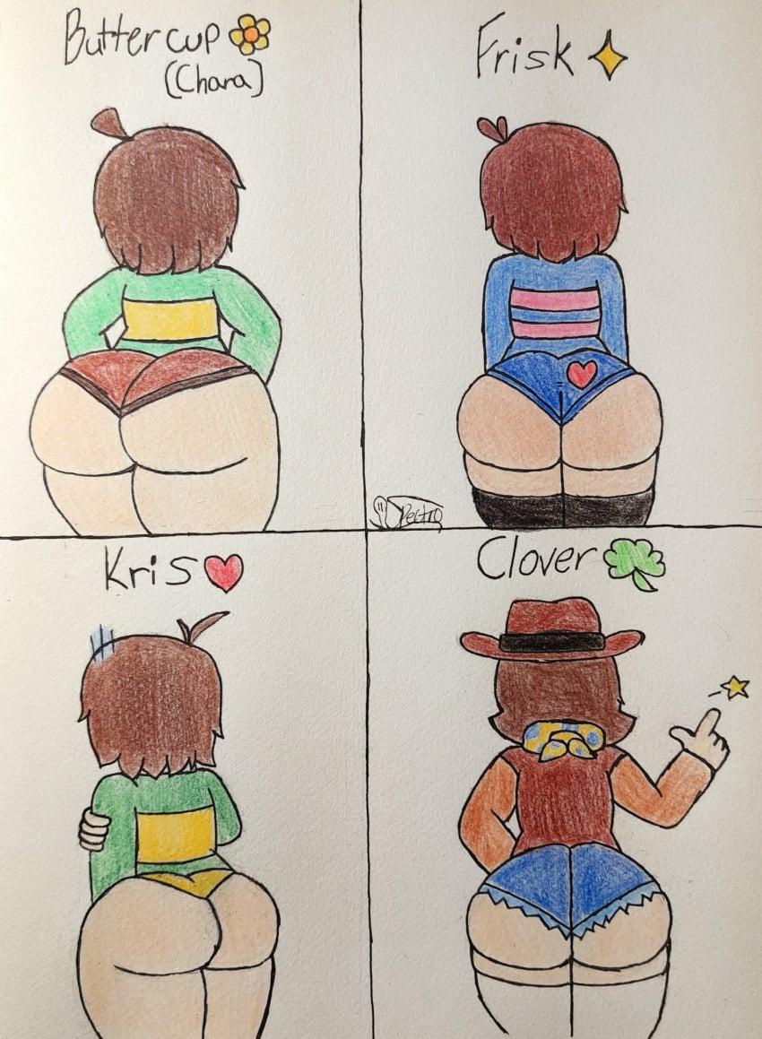 2024 ambiguous_gender artist_name artist_signature ass ass_bigger_than_head ass_cheeks ass_focus back_view bandana big_ass butt_focus chara chara_dreemurr clover_(undertale_yellow) cowboy cowboy_hat dat_ass deltarune femboy frisk huge_ass human human_only kfc_(undertale/deltarune) kris_(deltarune) kris_dreemurr self_upload shorts spectrodraws striped_clothing toby_fox traditional_media traditional_media_(artwork) undertale undertale_(series) undertale_yellow video_games wide_hips