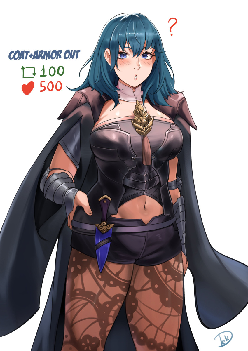 1girls ? absurdres armlet armor belt black_shorts blue_eyes blue_hair blush bodice breasts bustier byleth_(female)_(fire_emblem) byleth_(fire_emblem) byleth_(fire_emblem)_(female) clothing_cutout commentary cowboy_shot dagger deliciousbra deliciousbrain female female_only fire_emblem fire_emblem:_three_houses heart highres knife large_breasts leggings looking_at_viewer meme navel navel_cutout nintendo pantyhose pantyhose_under_shorts parted_lips sheath sheathed short_shorts shorts shoulder_armor solo standing tassel teal_hair thighs turtleneck twitter_strip_game_(meme) vambraces waist_cape weapon