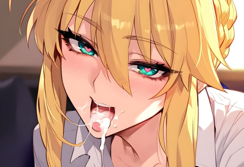 ai_generated artist_name artoria_pendragon artoria_pendragon_(lancer) blonde_hair blush cum cum_in_mouth fate/grand_order fate_(series) huge_breasts light-skinned_female light_skin looking_at_viewer milory