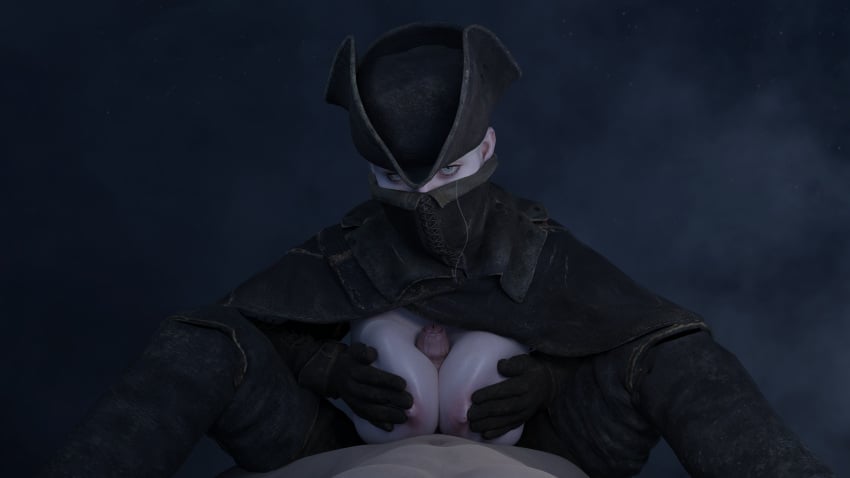 3d big_breasts bloodborne blue_eyes emberstock exposed_breasts fromsoftware gloves hunter_(bloodborne) looking_at_viewer male_pov paizuri pale_skin pov shiny_skin titfuck titjob uncircumcised