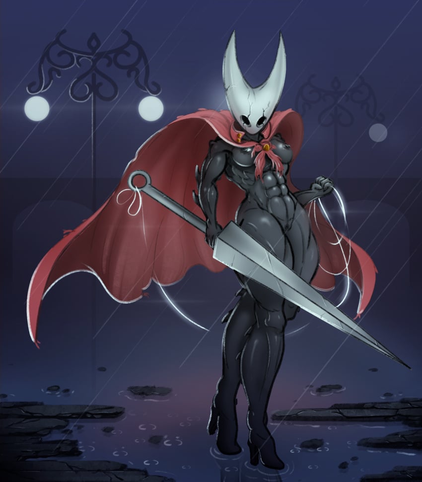 abs athletic breasts casual crow-thing female hollow_knight hornet_(hollow_knight) muscular nude organic_high_heels outerwear pussy tagme weapon