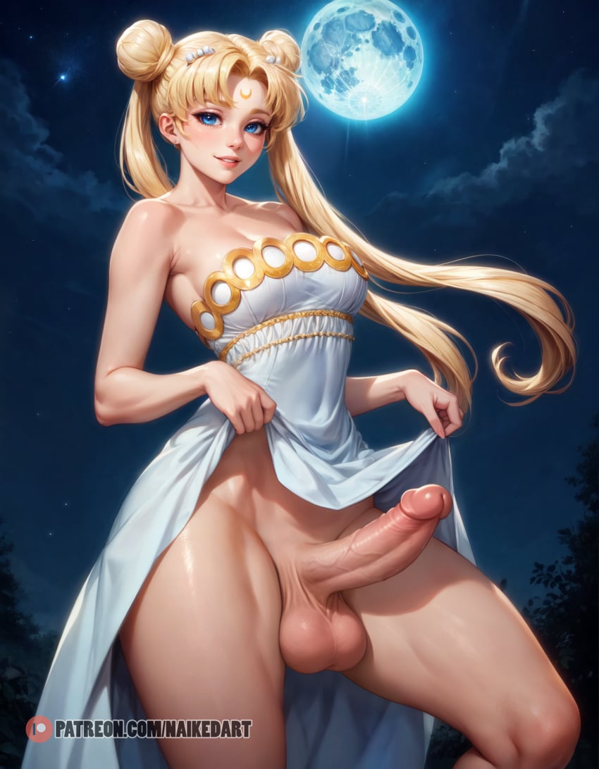 1futa ai_generated armpits big_penis bishoujo_senshi_sailor_moon blonde_hair clothing dress dress_lift erect_penis erection futa futa_only futa_sans_pussy futanari huge_cock intersex lifting_dress moon naikedart night penis penis_under_clothes penis_under_dress princess_serenity solo solo_futa stable_diffusion