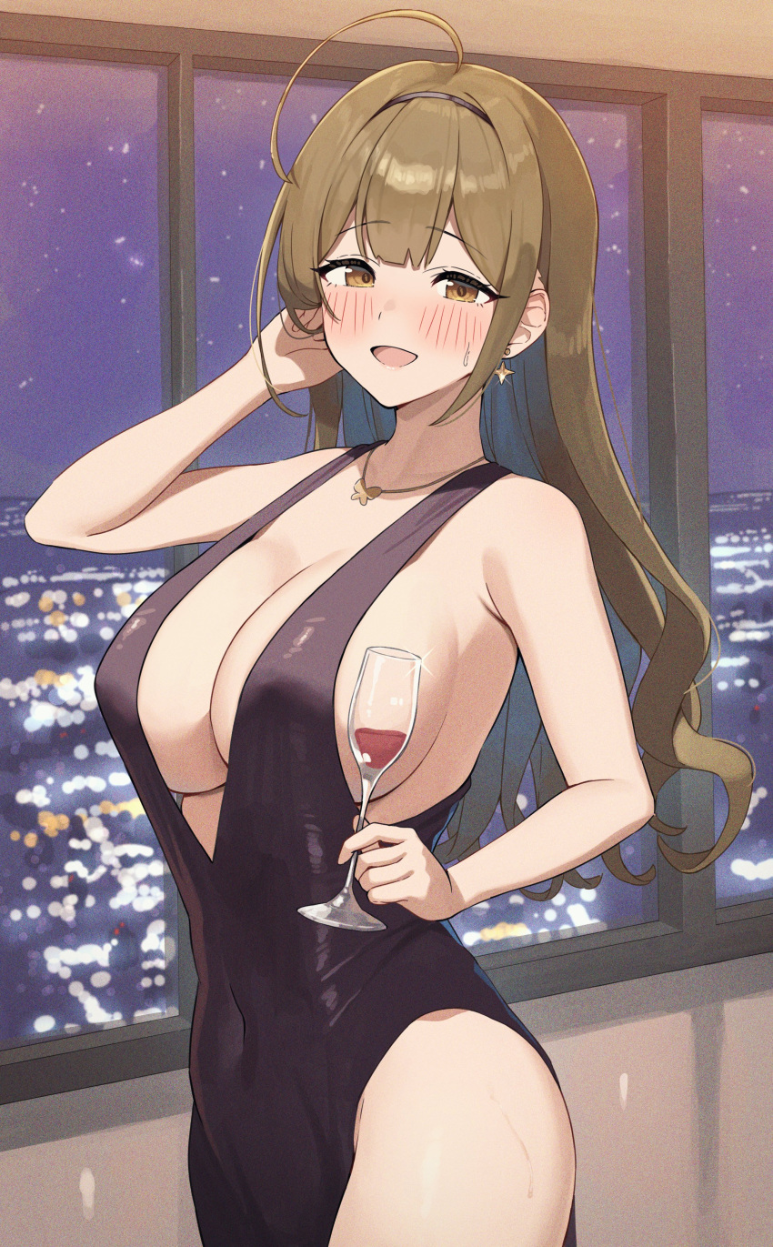 :d ballroom blush bottomless dress drunk half-closed_eyes huge_breasts idolmaster idolmaster_shiny_colors kuwayama_chiyuki necklace no_bra no_panties purple_dress revealing_clothes smile thick_thighs wide_hips wine wine_glass