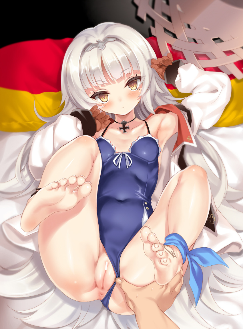 1boy 1girls 2019 ankle_ribbon anus armpits azur_lane bangs bare_shoulders barefoot bed bed_sheet blue_swimsuit blunt_bangs blush breasts brown_gloves cameltoe casual_one-piece_swimsuit censor_bar censored choker clavicle cle_masahiro closed_eyes closed_mouth color covered_navel duo eyebrows_visible_through_hair feet feet_towards_viewer female foreshortening full_body german_flag gloves hat hat_removed headwear_removed high_resolution highres indoors iron_cross jacket legs legs_up long_hair looking_at_viewer lying male mole mole_under_eye no_shoes no_socks on_back on_bed one-piece_swimsuit open_clothes open_jacket pillow pov_feet ribbon shiny shiny_skin shiny_swimsuit silver_hair small_breasts soles solo straw_hat sun_hat swimsuit swimsuit_aside tattoo thighs toenails toes vagina very_long_hair viewed_from_above white_jacket yellow_eyes z46_(azur_lane)