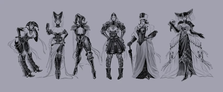 6girls adepta_sororitas assistant big_ass big_breasts boob_window chainsword cleavage cleavage_window dress elizbee5 imperium_of_man lineup multiple_girls noblewoman royal servo-skull sister_of_battle skull sword tight tight_clothes tight_clothing warhammer_(franchise) warhammer_40k wide_hips