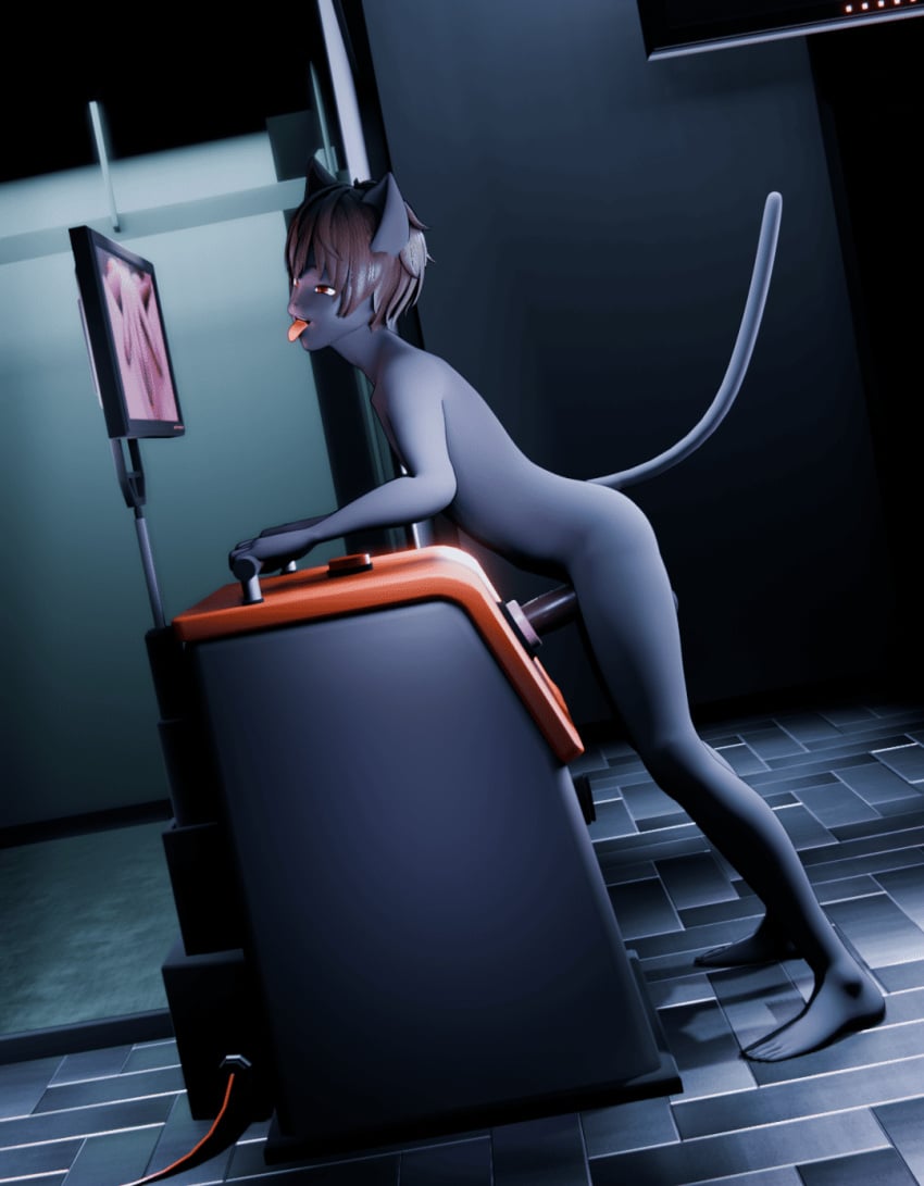 1boy 3d anthro bondage breeding_mount close-up digital_media_(artwork) domestic_cat electrostimulation felid feline felis genitals glande hi_res laboratory machine male male_focus male_only mammal monarquis penis romy_(monarquis) slave solo solo_male