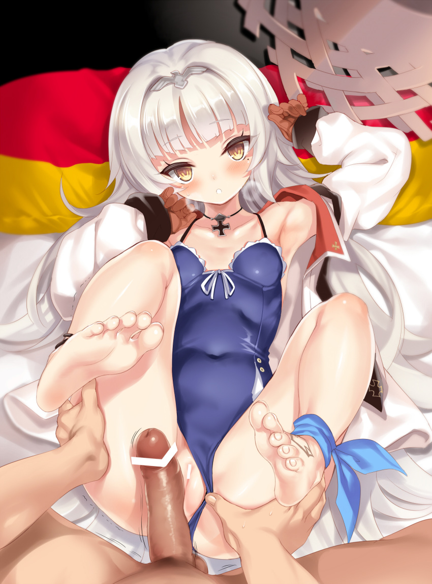 1boy 2019 ankle_ribbon armpits ass ass_grab azur_lane bangs bare_shoulders barefoot bed bed_sheet blue_swimsuit blunt_bangs blush breasts breath brown_gloves casual_one-piece_swimsuit censor_bar censored choker clavicle cle_masahiro closed_mouth color erection eyebrows_visible_through_hair feet feet_towards_viewer female foreshortening frottage full_body german_flag gloves grinding groping hat hat_removed head_tilt headwear_removed high_resolution highres indoors iron_cross jacket legs legs_up long_hair looking_at_viewer lying male mole mole_under_eye on_back on_bed one-piece_swimsuit open_clothes open_jacket paipan parted_lips penis pillow pov pov_feet ribbon shiny shiny_skin shiny_swimsuit silver_hair small_breasts soles straw_hat sun_hat sweat swimsuit swimsuit_aside tattoo toenails toes vagina very_long_hair viewed_from_above white_jacket yellow_eyes young z46_(azur_lane)