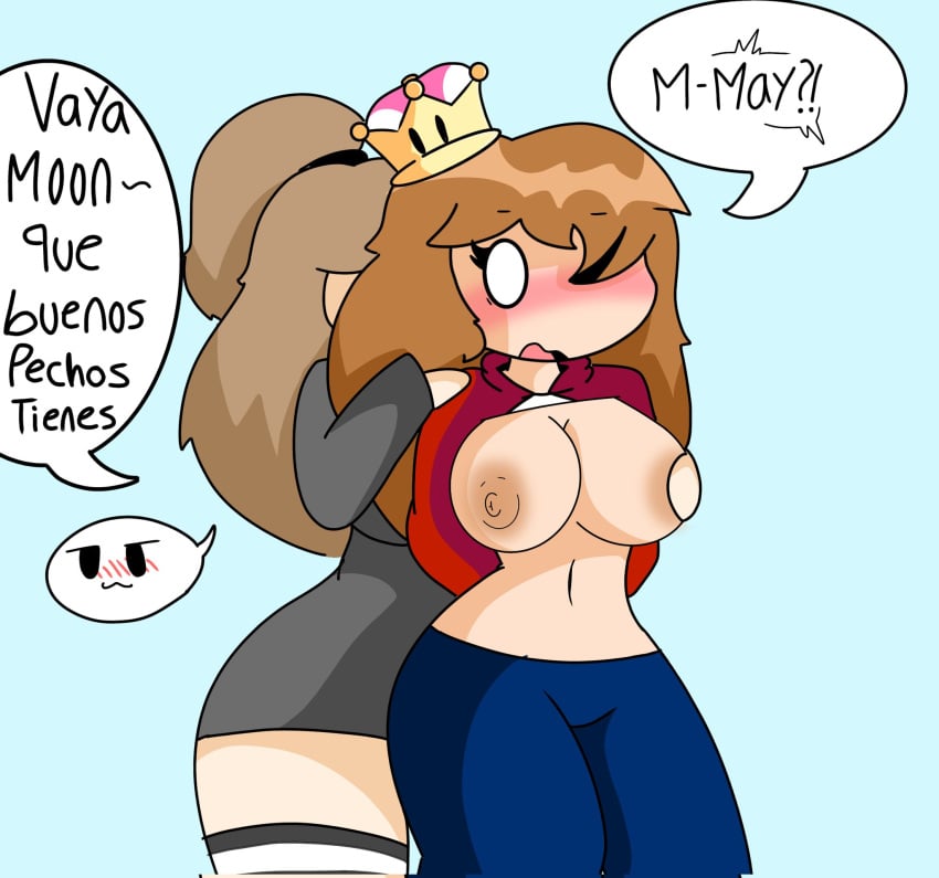 blush breasts_out brown_hair female_only genderswap_(mtf) grope harassment luna_(moonlightdrawinguwu) may_(moonlightdrawinguwu) moon_(moonlightdrawinguwu) moonlightdrawinguwu original rule_63 sexual_harassment spanish_text super_crown surprised yuri