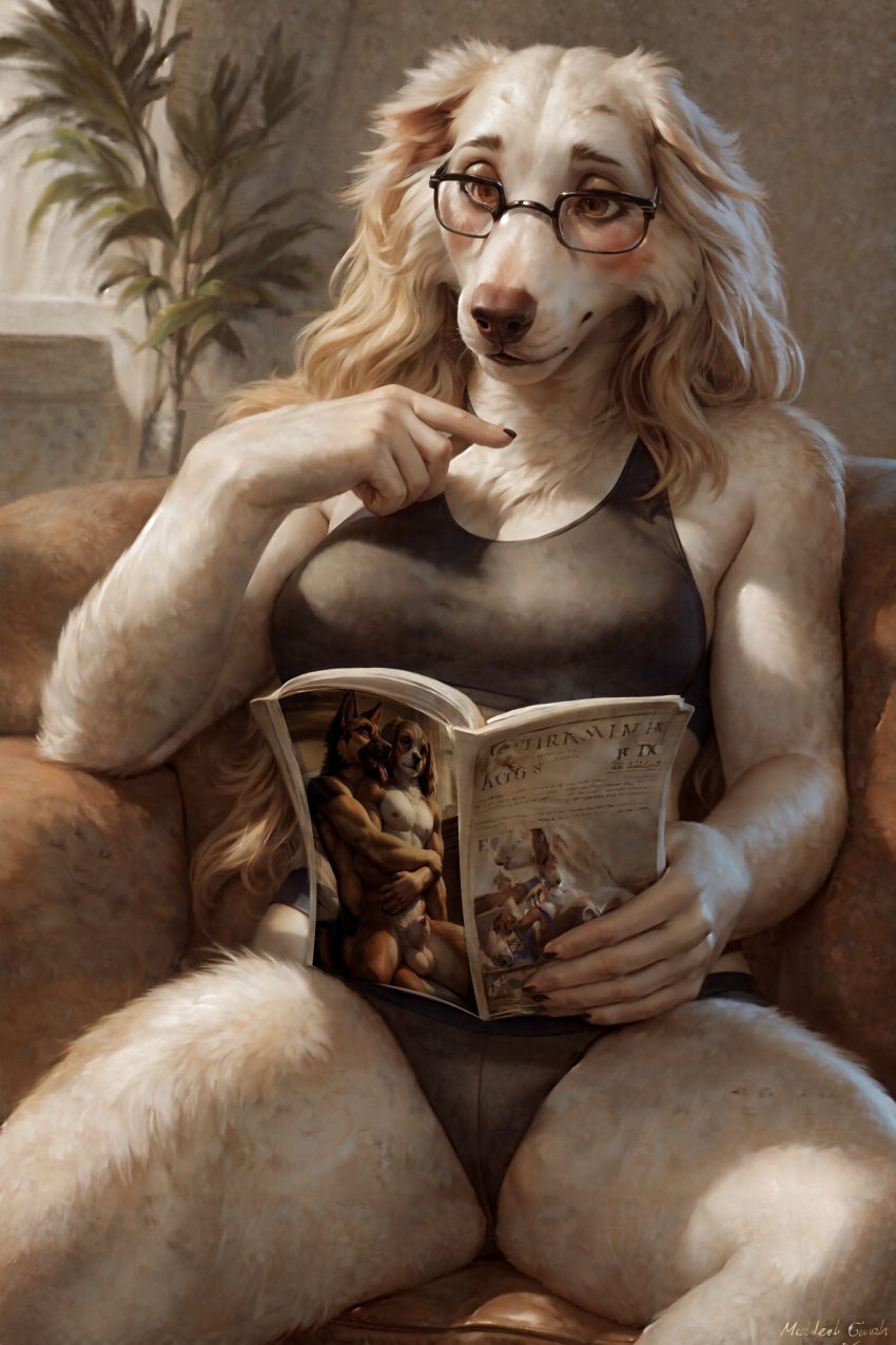 2024 4chan ai_generated anonymous_artist anthro artist_request balls blush blush borzoi boys_love breasts canid canine domestic_dog female female_focus fujoshi furry gay glasses male/male mammal navel penis pornography reading reading_book reading_pornography sheath tagme yaoi