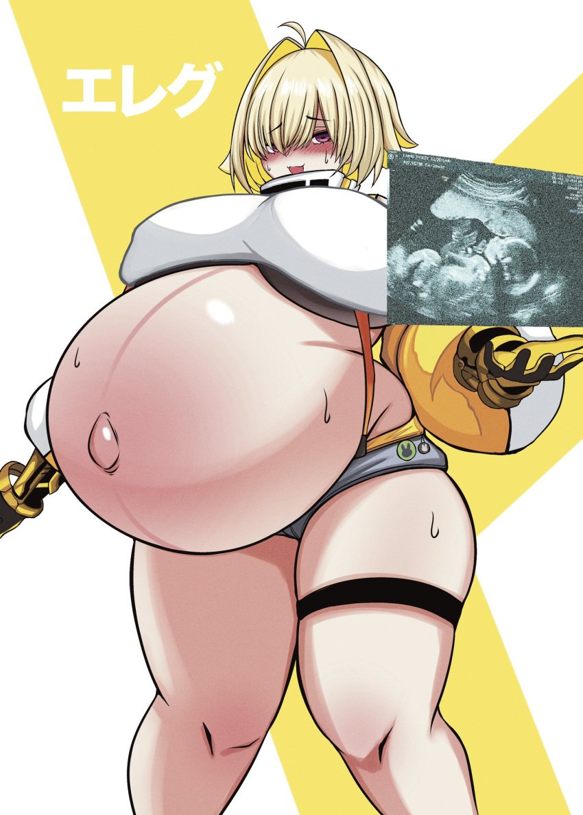 1girls :3 :d character_name elegg_(nikke) embarrassed fetus full-face_blush gigantic_breasts girl goddess_of_victory:_nikke hologram huge_belly huge_breasts huge_thighs japanese_text long_legs looking_at_viewer nervous pregnant sonogram sweatdrop text thick_thighs thigh_strap wide_hips yukinohi