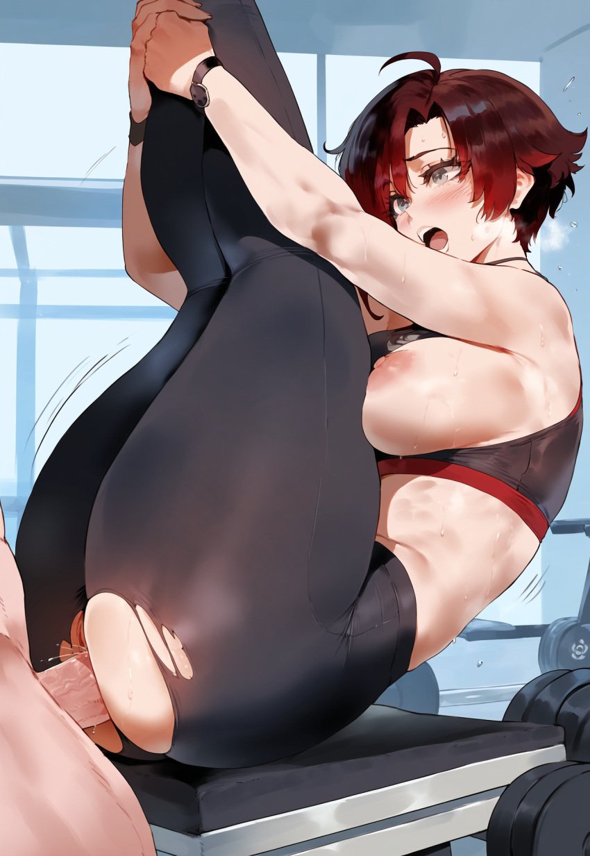 1boy 1girls ai_generated ass big_breasts black_hair breasts female female_focus female_only green_eyes gym gym_clothes huge_ass large_breasts looking_pleasured red_hair ripped_pants ruby_rose rwby sex short_hair