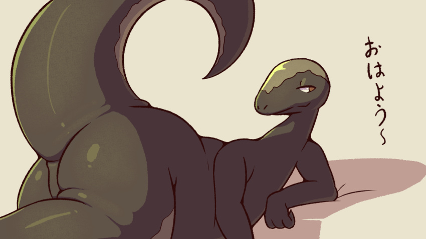 ambiguous_gender animal_genitalia anojaa anthro ass avoid_posting bedroom_eyes cloaca dusty_(anojaa) half-closed_eyes japanese_text lizard presenting presenting_hindquarters raised_tail reptile scalie seductive slightly_chubby solo text