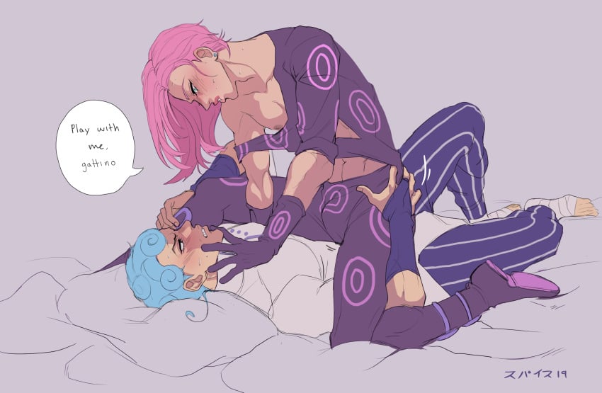 2boys androgynous blue_hair clothing gay ghiaccio jojo's_bizarre_adventure long_hair male male/male male_only melone pink_hair vento_aureo yaoi