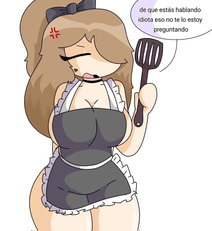 angry apron brown_hair closed_eyes exposed_ass may_(moonlightdrawinguwu) moonlightdrawinguwu spanish_text spatula tied_hair