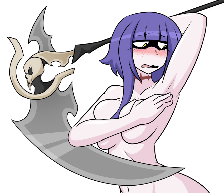 1girls 2023 absurd_res absurdres armpits blush covered_nipples covering_breasts dankodeadzone deathgrip_(edgelords) edgelords embarrassed embarrassed_nude_female exposed_armpits female female_only game_cg naked naked_female neck_scar official_art purple_hair scythe transparent_background yellow_eyes