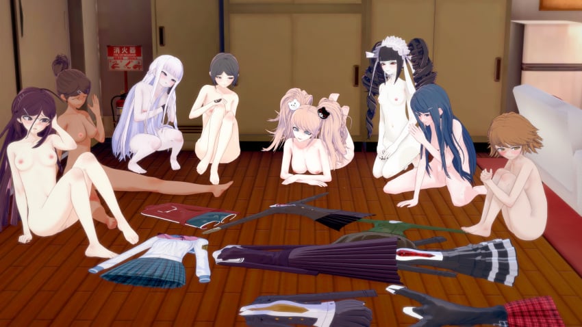 1boy 1femboy 3d 7girls asahina_aoi ass breasts celestia_ludenberg danganronpa dark-skinned_female embarrassed femboy fujisaki_chihiro fukawa_touko junko_enoshima kirigiri_kyouko koikatsu maizono_sayaka mukuro_ikusaba multiple_girls nude pale-skinned_female pussy solo_male strip_poker tagme ultimateenf