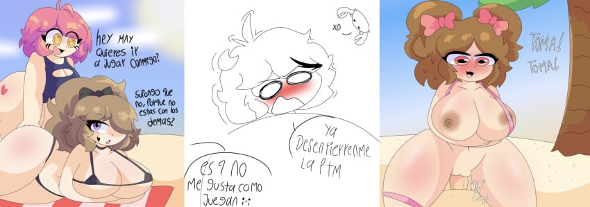 beach bikini comic cowgirl_position daisy_(moonlightdrawinguwu) dubious_consent eve_(moonlightdrawinguwu) lying_down may_(moonlightdrawinguwu) moonlightdrawinguwu original original_character riding smile spanish_text