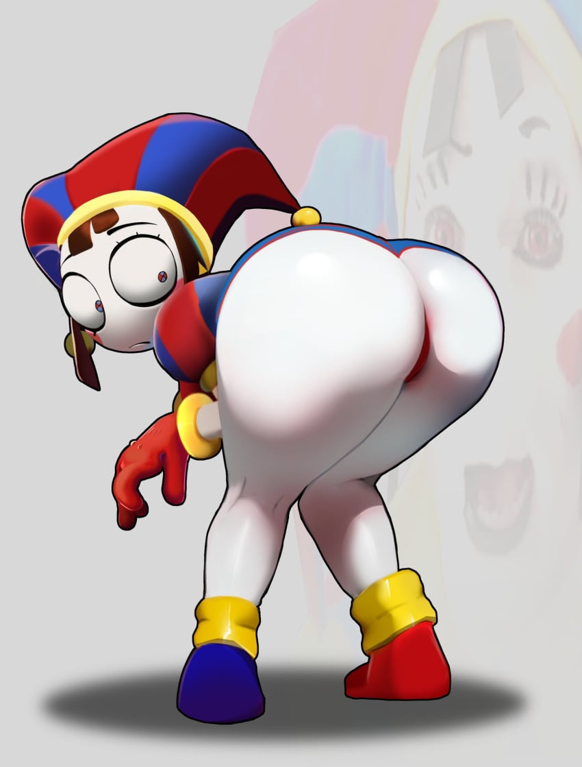 1girls ass ass big_ass big_butt blue_eyes brown_hair crabtopus female female_only large_ass looking_at_own_butt looking_back multicolored_eyes pomni pomni_(the_amazing_digital_circus) red_eyes solo solo_female solo_focus the_amazing_digital_circus thick_ass thick_thighs thighs white_body white_skin wide_hips