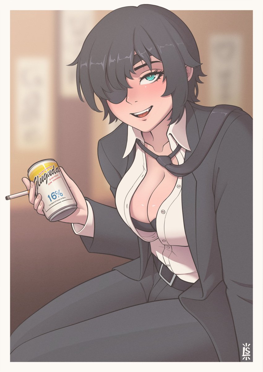 1girls beer chainsaw_man cigarette cleavage female female_only himeno_(chainsaw_man) looking_at_viewer medium_breasts office_lady smile spaghett spaghetto087 tie