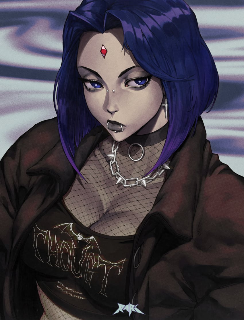 1girls choker clothed clothed_female dc dc_comics earrings female female_only goth goth_girl grey_body grey_skin piercing piercings purple_eyes purple_hair rachel_roth raven_(dc) solo spunkyramaz teen_titans