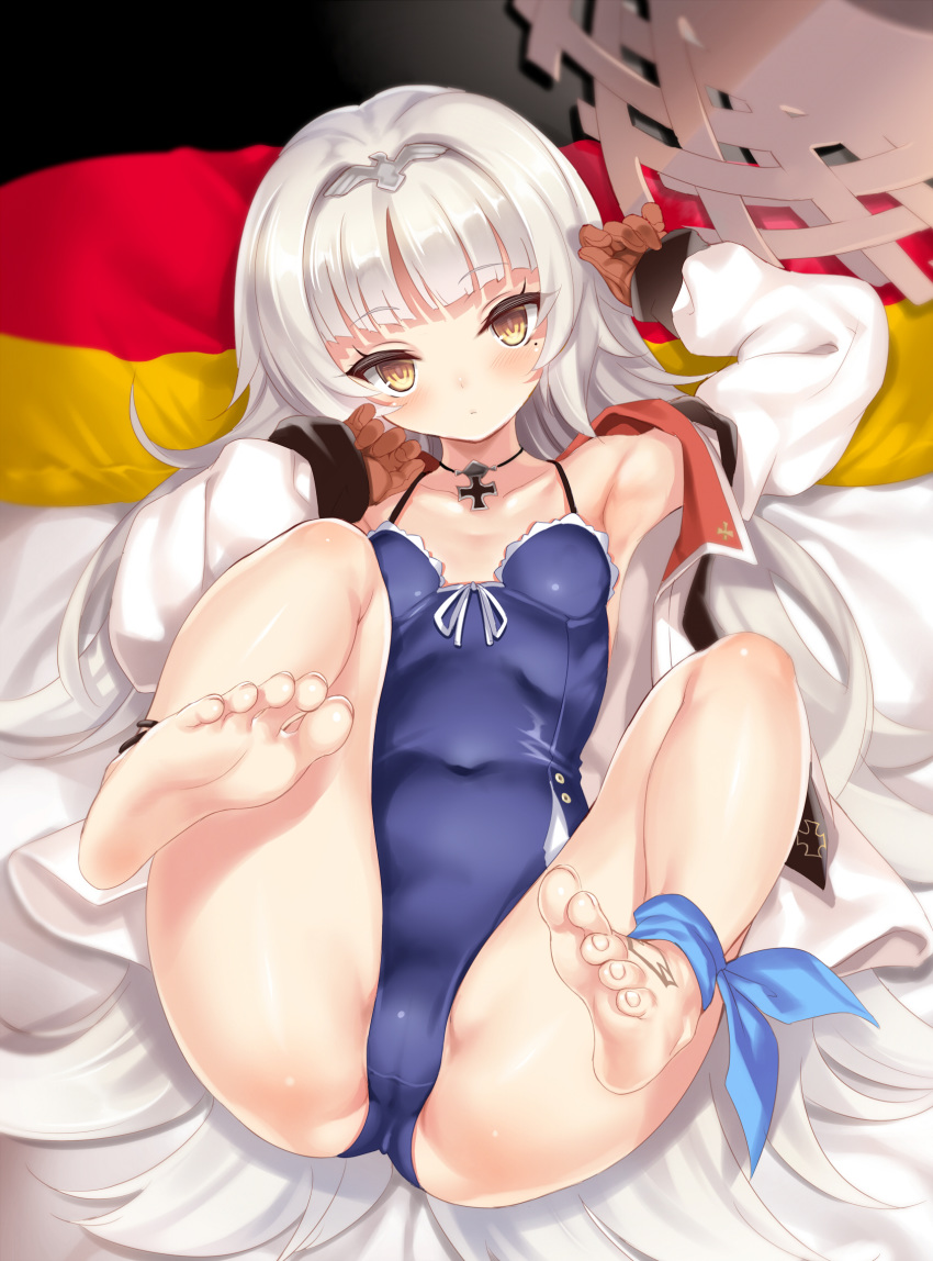 1girls 2019 ankle_ribbon armpits azur_lane bangs bare_shoulders barefoot bed bed_sheet blue_swimsuit blunt_bangs blush breasts brown_gloves cameltoe casual_one-piece_swimsuit choker clavicle cle_masahiro closed_eyes closed_mouth color covered_navel eyebrows_visible_through_hair feet feet_towards_viewer female female_only foreshortening full_body german_flag gloves hat hat_removed headwear_removed high_resolution highres indoors iron_cross jacket legs legs_up long_hair looking_at_viewer lying mole mole_under_eye no_shoes no_socks on_back on_bed one-piece_swimsuit open_clothes open_jacket pillow pov_feet ribbon shiny shiny_skin shiny_swimsuit silver_hair small_breasts soles solo straw_hat sun_hat swimsuit tattoo thighs toenails toes very_long_hair viewed_from_above white_jacket yellow_eyes young z46_(azur_lane)