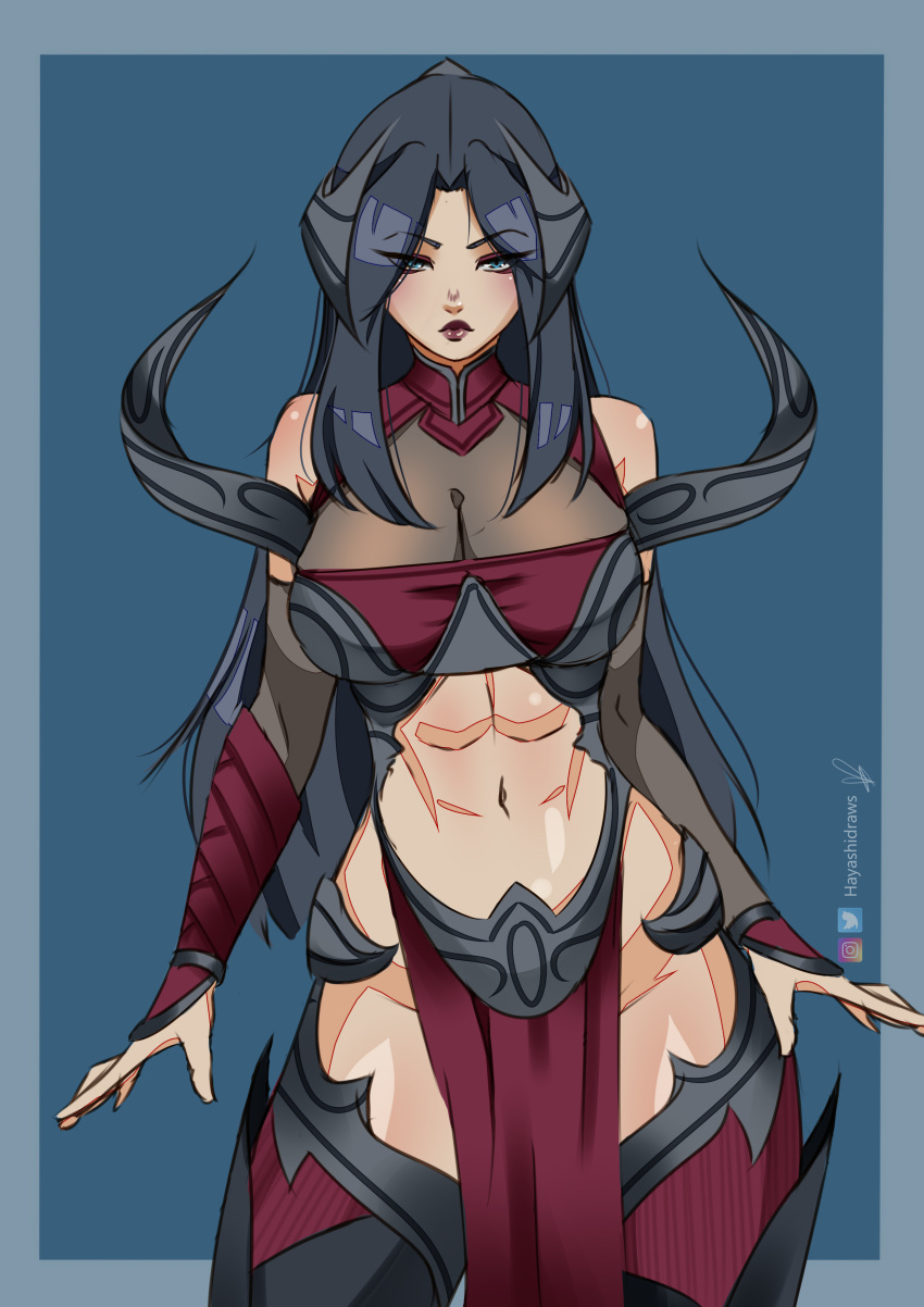 ass black_hair blue_eyes dancer female hayashidraws irelia_xan league_of_legends tattoo thick thick_thighs thighs