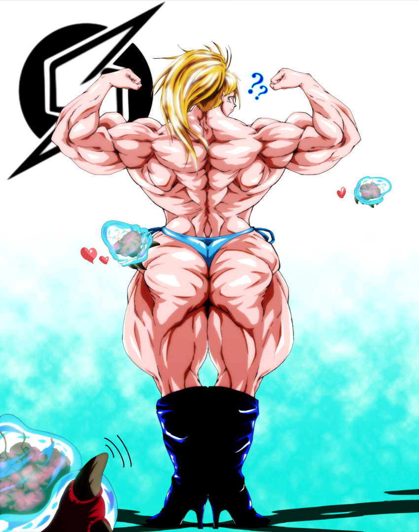 ass back back_muscles biceps big_muscles blonde_hair blue_eyes color extreme_muscles female flexing high_heels hyper_muscles large_ass long_hair metroid metroid_(creature) miche-san muscles muscular muscular_female nintendo ponytail pose samus_aran solo thick_thighs thong