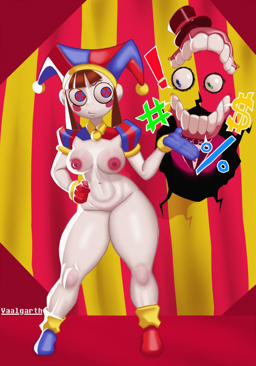 2024 2d_(artwork) big_eyes breasts breasts confused duo gloves hand_on_hip jester_hat nipples nsfw nude pale_skin partly_clothed pomni_(the_amazing_digital_circus) pussy shocked simple_background the_amazing_digital_circus