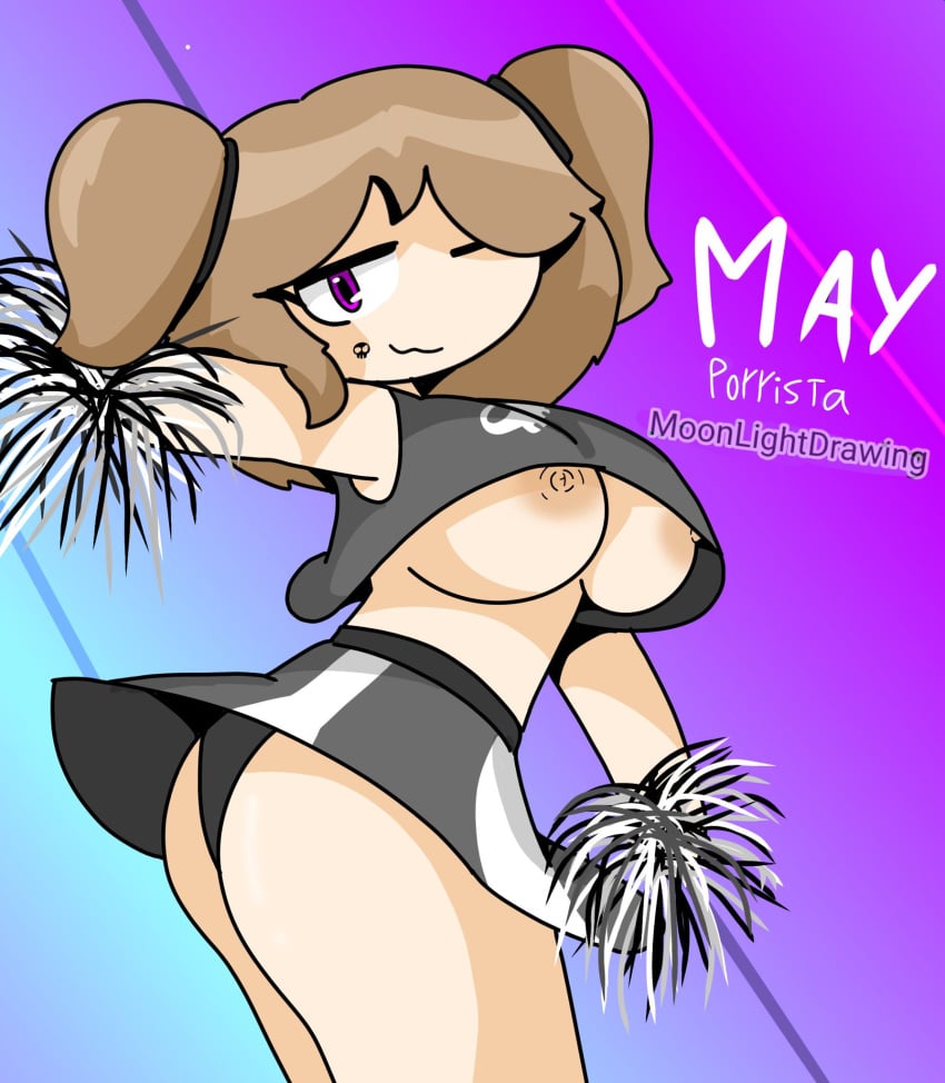 brown_hair cheerleader cheerleader_uniform looking_at_viewer looking_back may_(moonlightdrawinguwu) moonlightdrawinguwu one_eye_closed pink_eyes pompoms twintails underboob