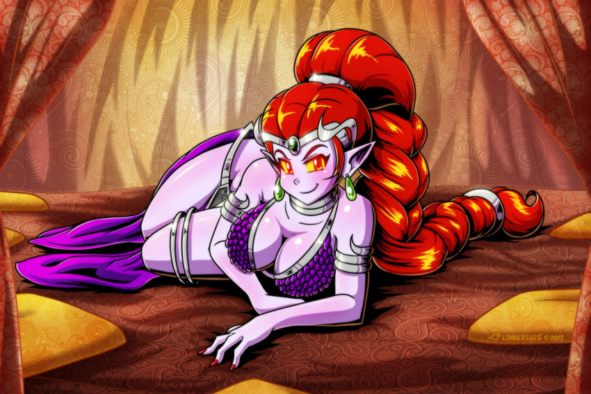 1girls arabian_clothes armlet bikini blue_bikini blue_nails braid breasts choker cleavage collarbone commentary curtains dancer_outfit dancer_shantae dark_persona earrings english_commentary female harem_outfit jewelry large_breasts linkerlewds long_braid long_hair lying nail_polish nega-shantae on_side pointy_ears purple_skin red_eyes red_hair shantae single_braid smooth_skin smug solo swimsuit thighlet very_long_hair wayforward