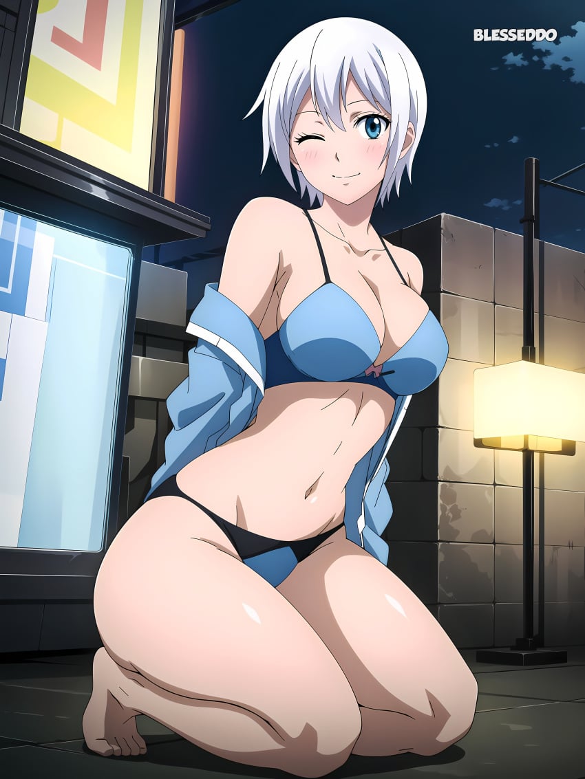 1girls 2d ai_generated big_breasts blesseddo blue_bra blue_eyes blue_panties fairy_tail kneeling lisanna_strauss looking_at_viewer short_hair watermark white_hair