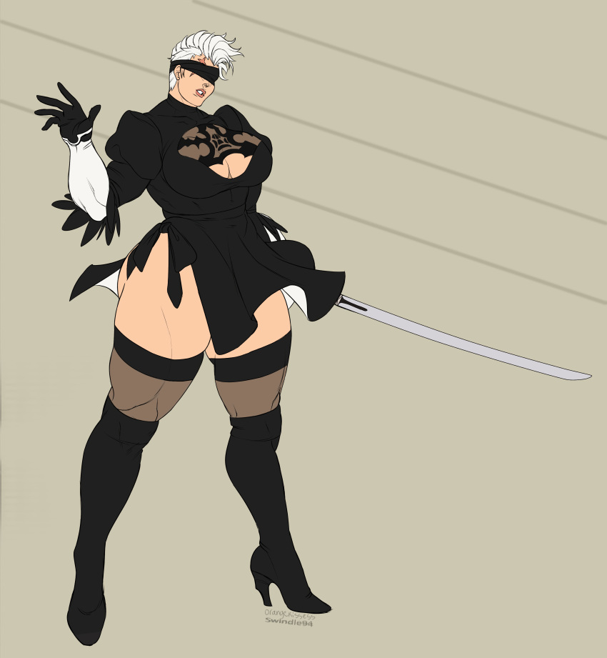 2d blizzard_entertainment breasts busty cleavage crossover female gloves high_heels katana large_breasts mask mrswindle94 muscles muscular_female nier:_automata orangekissess overwatch scar solo sword thick_thighs weapon white_hair yorha_2b zarya