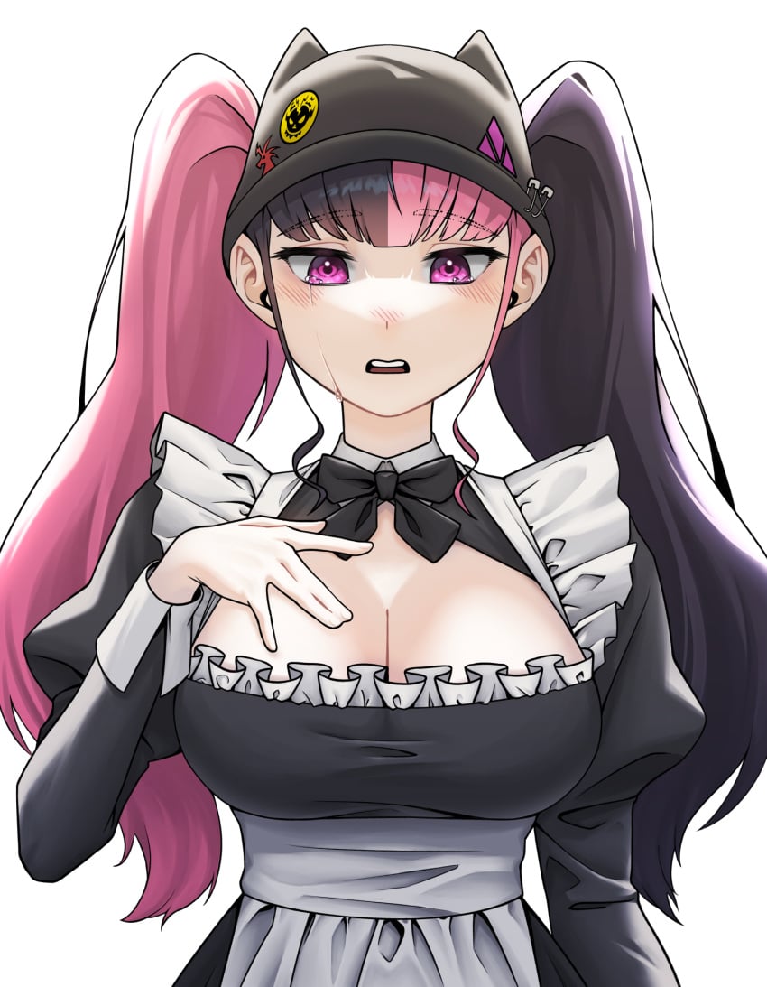 1girls 2024 alternate_costume black_hair breasts cleavage exposed_breasts female female_only hat headgear highres large_breasts light-skinned_female light_skin long_hair maid maid_outfit maid_uniform multicolored_hair open_mouth p02 palworld pink_eyes pink_hair pocketpair solo tears twintails two_tone_hair zoe_rayne