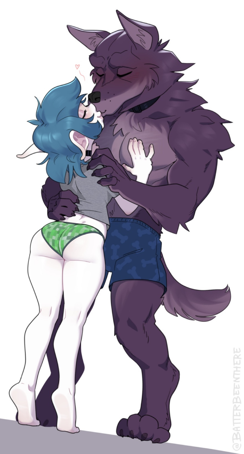 animal_ears ass ass_focus barefoot batterbee blue_hair boxers_(clothing) brown_fur claws closed_eyes hand_on_chest hand_on_waist howie_(batterbee) kissing legs minecraft non_nude pale_skin partially_clothed pointy_ears print_panties romantic tail terby_(batterbee) thick_thighs underwear vampire werewolf wide_hips