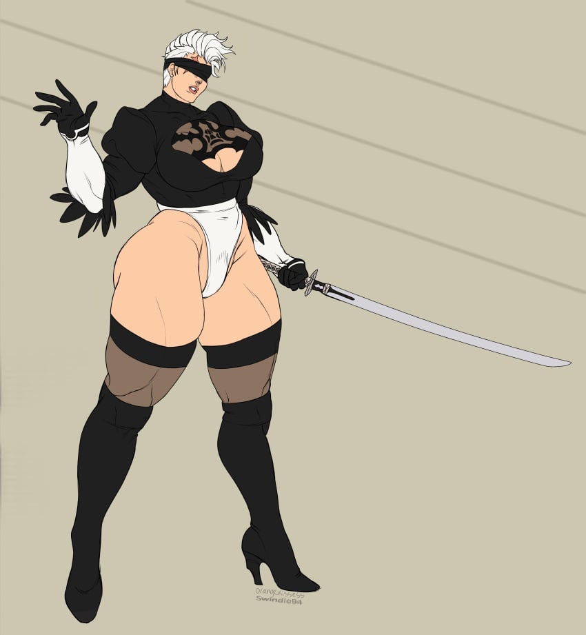 2d blizzard_entertainment breasts busty cleavage crossover female gloves high_heels katana large_breasts mask mrswindle94 muscles muscular_female nier:_automata orangekissess overwatch scar solo sword thick_thighs weapon white_hair yorha_2b zarya