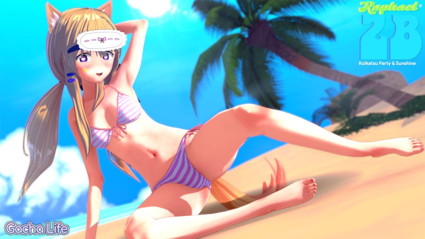 16:9 1girls animal_ears bikini blonde_hair cat_ears copyright_logo feet female gacha gacha_3d gacha_life koikatsu lunime palm_tree raphaelzb senpaibuns solo toes