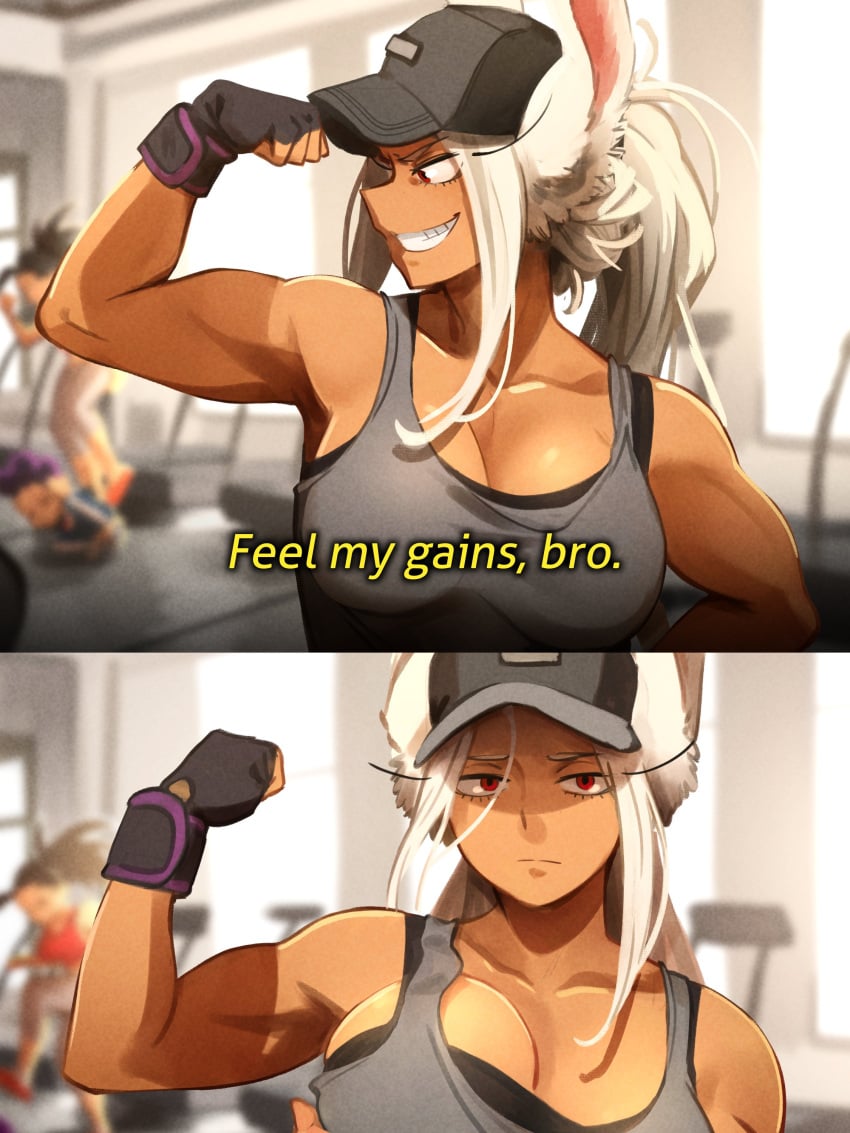 baseball_cap breast_grab bunny_ears characterful dialogue disappointed flexing flexing_arms flexing_bicep flexing_muscles go_on_feel_it_(meme) gym gym_clothes khyleri meme minoru_mineta miruko momo_yaoyorozu muscular_female my_hero_academia rumi_usagiyama text tomboy trucker_hat usagiyama_rumi white_hair