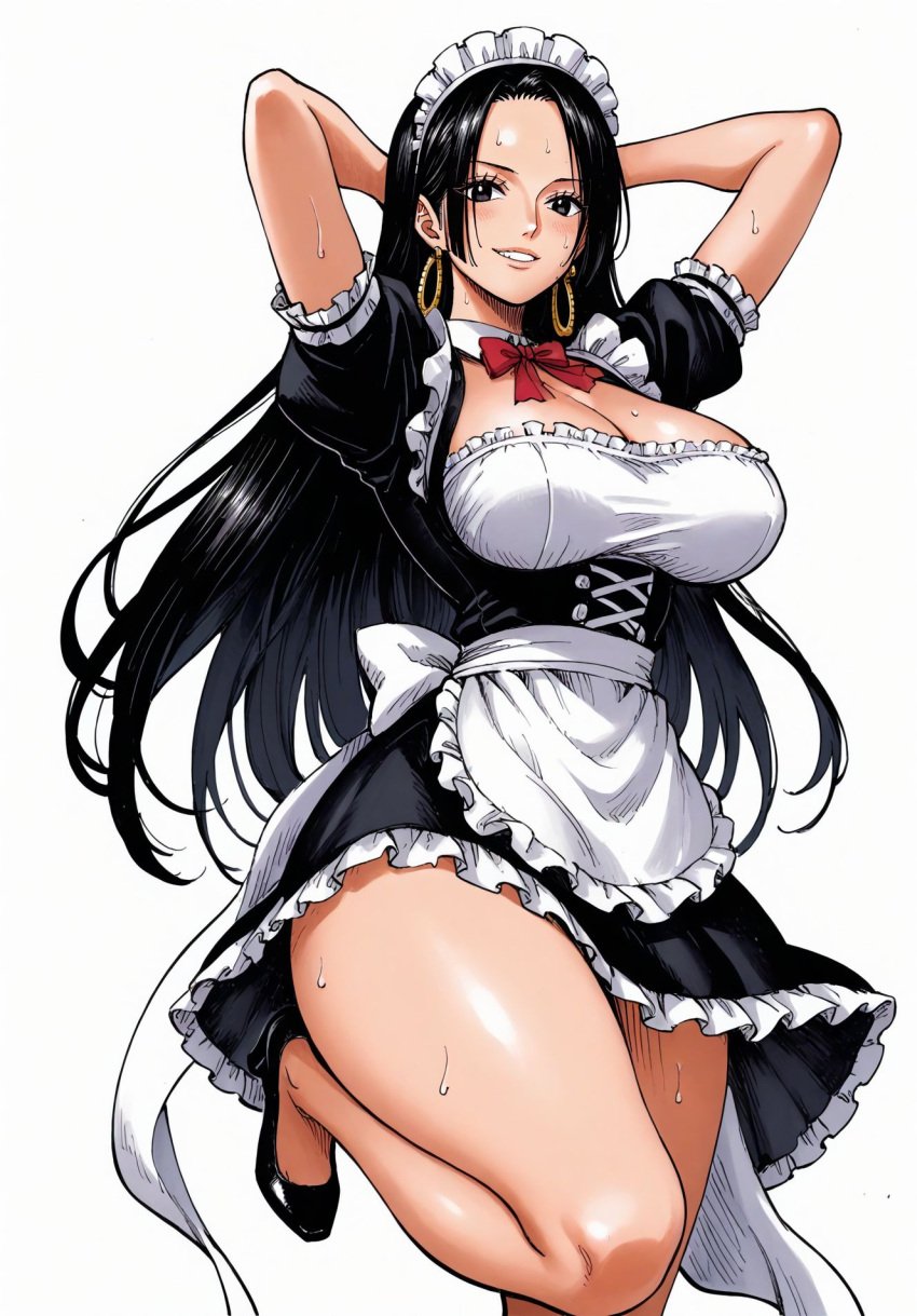 ai_generated alluring almost_naked almost_nude big_breasts black_eyes black_hair blush boa_hancock color colored earring earrings female female_only highres long_hair looking_at_viewer maid maid_headdress maid_outfit maid_uniform one_piece seducing seduction seductive seductive_body seductive_eyes seductive_gaze seductive_look seductive_mouth seductive_pose seductive_smile shiny_hair shiny_skin snake_earrings sweat sweatdrop sweating sweaty sweaty_body tagme thick_thighs voluptuous voluptuous_female yashin