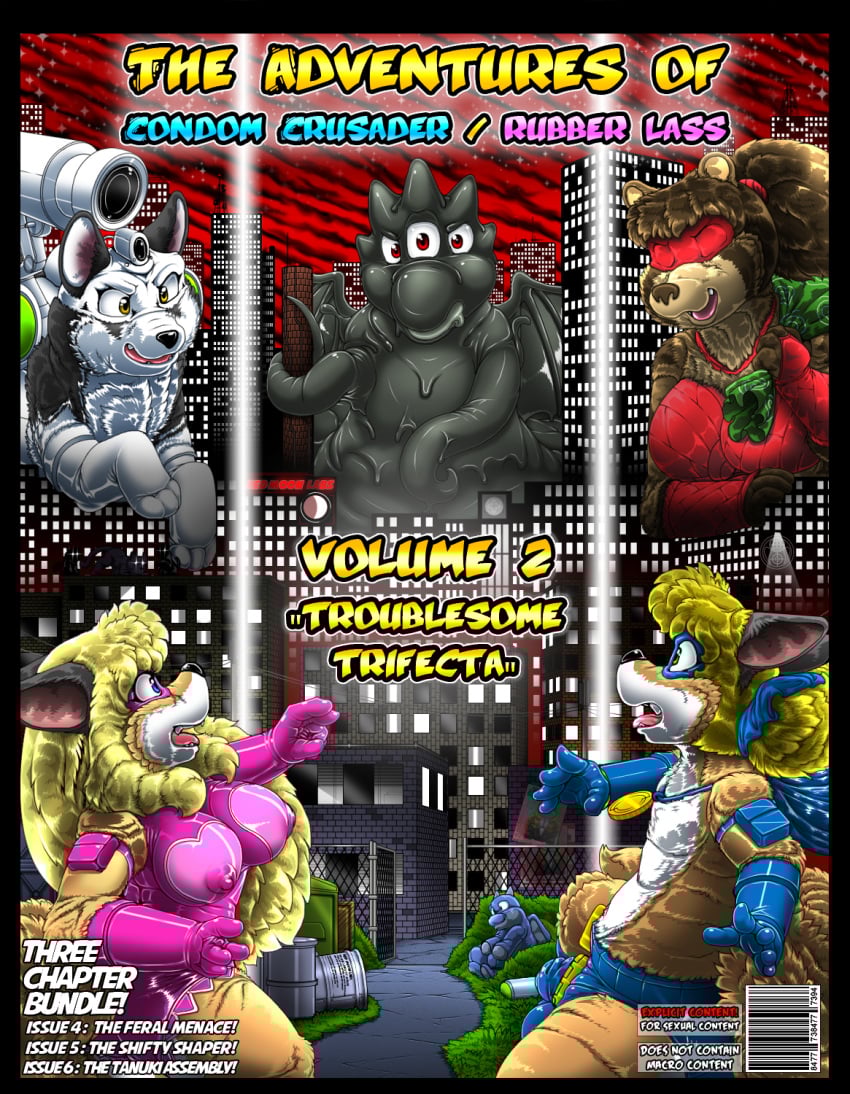 2021 3_eyes 5_fingers accessory anthro areola bag balls_outline barrel biped black_body black_ears black_fur black_horn black_nose black_tentacles black_wings blonde_hair blue_bow blue_clothing blue_eyes blue_gloves blue_handwear blue_mask blue_speedo blue_swimwear bow_accessory bow_ribbon breasts brother_(lore) brother_and_sister_(lore) brown_body brown_ears brown_fur brown_hair brown_nose building bulge canid canine canis cannon clothed clothed_anthro clothed_female clothed_male clothing cloud comic condom_crusader condom_suit costume covered_eyes detailed_background detailed_bulge digital_media_(artwork) domestic_dog dripping dumpster english_text eyelashes eyemask fangs female fence feral feral_menace fingers firecat fluffy fluffy_fur fluffy_tail fox fur gate genital_outline gloves goo_creature grass green_eyes group hair hair_accessory hair_ribbon hairbow handwear heart_symbol hero hi_res holding_bag holding_object horn husky kit_(kitsune_youkai) kitsune_youkai latex long_hair looking_at_viewer looking_up looking_up_at_another machine male mammal mask medallion metal monster multi_eye multicolored_body multicolored_fur night nipples nordic_sled_dog open_mouth orange_body orange_fur orange_tail outside pink_areola pink_clothing pink_gloves pink_handwear pink_mask pink_nipples pink_suit plant plushie pockets quadruped raccoon_dog ranged_weapon red_clothing red_gloves red_handwear red_mask red_suit red_tongue ribbons round_ears rubber_clothing rubber_lass sibling_(lore) sister_(lore) sitting skimpy sky skyscraper snout speedo spitz suit superhero superhero_costume supervillain supervillain_costume surprised_expression swimwear tag_panic tail tan_body tan_fur tan_inner_ear tanna_nokka tanuki teeth tentacle text title tongue translucent translucent_clothing two_tone_body two_tone_fur villains volume_2 weapon white_body white_fur white_inner_ear wings