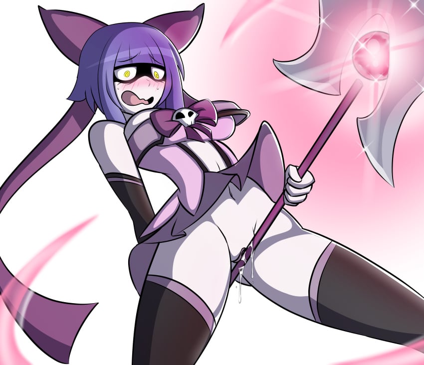 1girls absurd_res absurdres black_legwear blush bow dankodeadzone deathgrip_(edgelords) detached_sleeves edgelords embarrassed female game_cg hair_ornament hair_ribbon magic_staff magical_girl magical_girl_outfit masturbation official_art partially_clothed purple_hair solo swirly_eyes transparent_background yellow_eyes