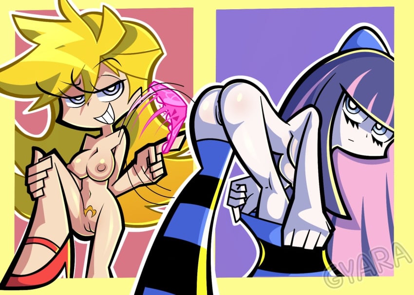 2girls ass blonde_hair breasts female footwear gyaradosageiii highres human legwear multiple_girls naughty_face pale_skin panties panties_removed panty_&_stocking_with_garterbelt panty_anarchy purple_hair pussy red_footwear shadow smile stocking_anarchy teeth underwear undressing